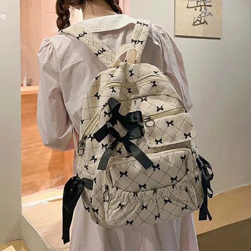 

Daypack Corduroy Bow Backpack Casual Contrast Color Students School Bag Fixed Webbing Silk Design Large Capacity Backpack Women