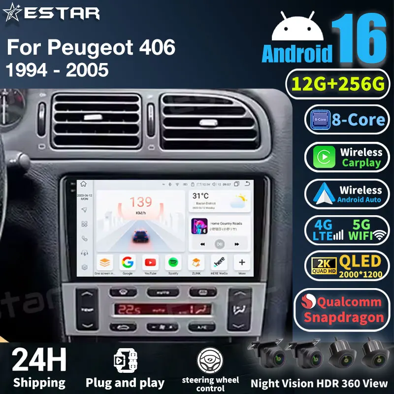 Android 16 Car radio For Peugeot 406 1994 - 2001 2002 2003 2004 2005 Carplay mutimedia 360 Camera Autoradio 6115 8Core Head Unit
