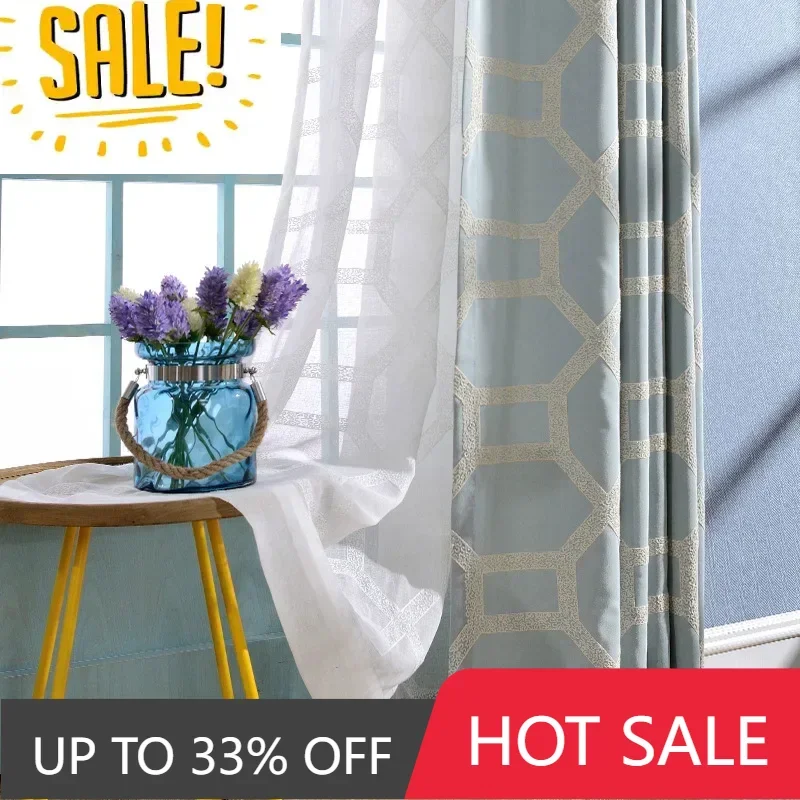 

Modern Simple Embroidered Tulle Light Blue Camel Semi-blackout Window Curtains for Living Dining Room Bedroom Study Hotel Home
