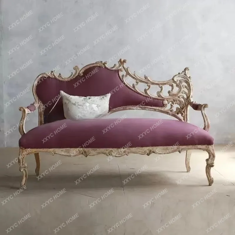 XX retro solid wood sofa  three-person sofa carved antique fabric