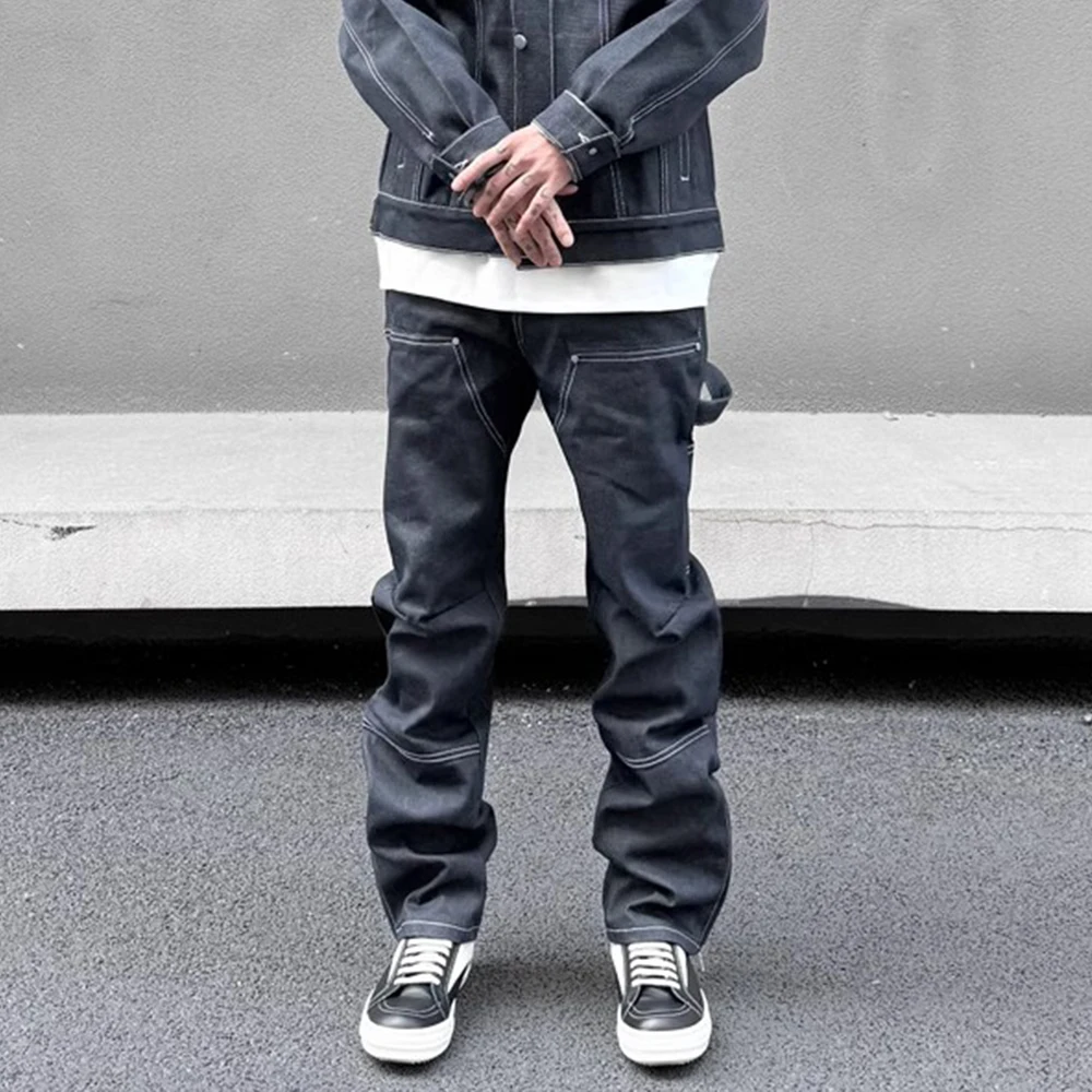 Top Stitch Zimmermann Hose Herren Doppel knie einfarbig High Street Straight Saum Reiß verschluss Hose Herren Jeans – Detail 6