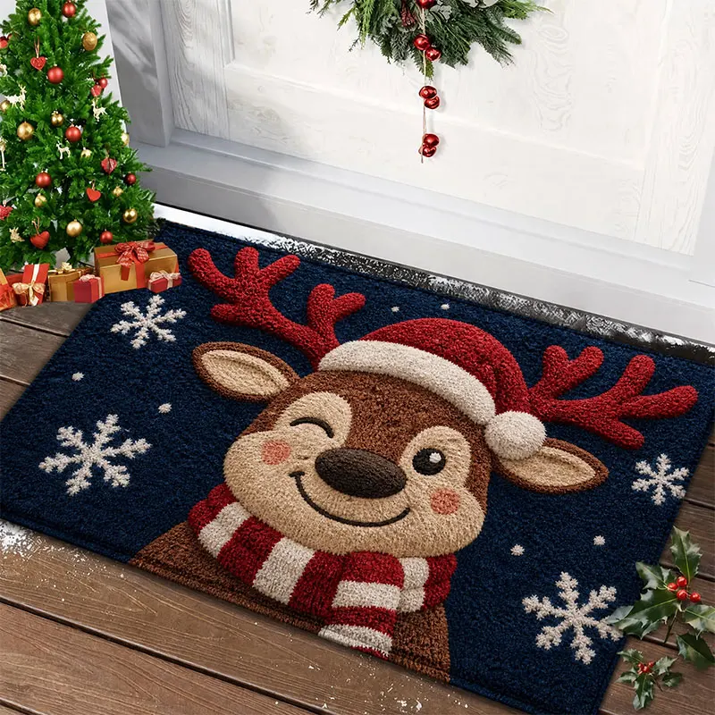 Cute Christmas Reindeer Door Mat | Non-Slip Holiday Welcome Rug | Soft Entryway Floor Mat for Front Door, Porch & Indoor Decor