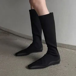 Flat Bottom Knee High Sock Boots Women Pointed Toe Stretch Fabric Long Booties Ladies Autumn Winter British Style Work Boots