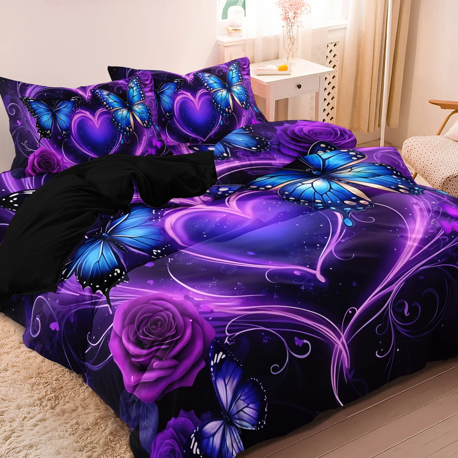  3pcs Purple Dreamy Heart Rose Butterfly Duvet Cover Set,High-Definition Print Suitable Bedroom, Dormitory Hotel Bed Decoration