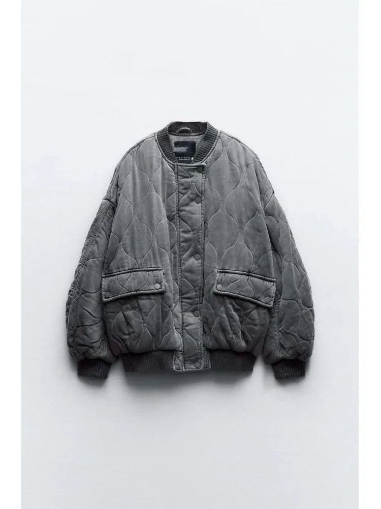 Chaqueta Bomber de algodón gris para mujer, abrigo holgado de manga larga con cuello redondo, ropa de calle gruesa informal, moda de otoño e invierno