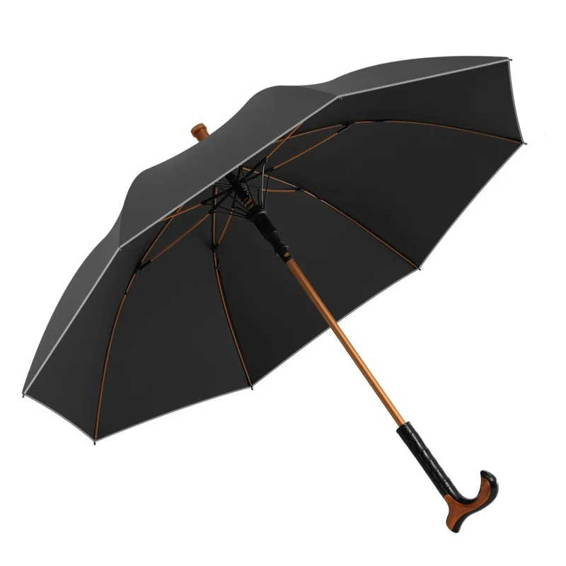 Paraguas con muleta de polo recto 3 en 1: personal de senderismo a prueba de lluvia con agarre de goma antideslizante y 360 ° Luz de seguridad reflectante