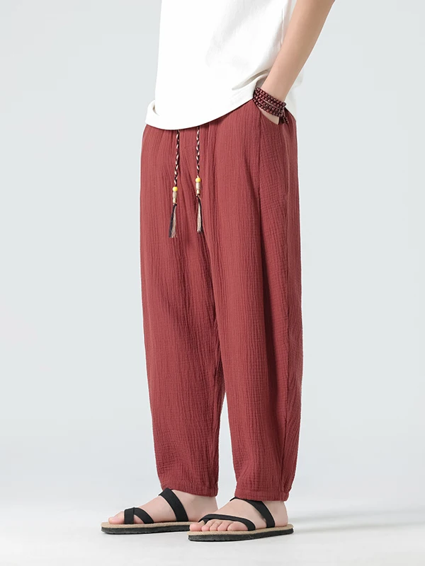 

Мужские летние тонкие дышащие повседневные брюки Red Lantern в новом китайском стиле, свободные брюки-морковки, конусообразные, из хлопка, для молодежи