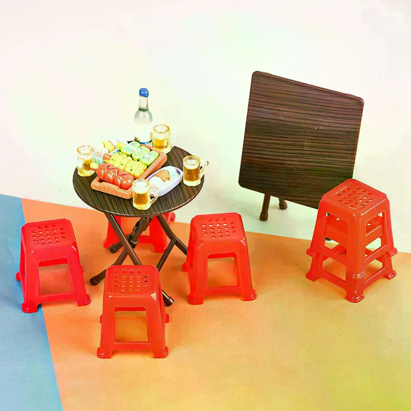 Doll House Accessories 1:12 Dollhouse Miniature Folding Table Stool Dining Table Furniture Home Model Decor Toy 1Set