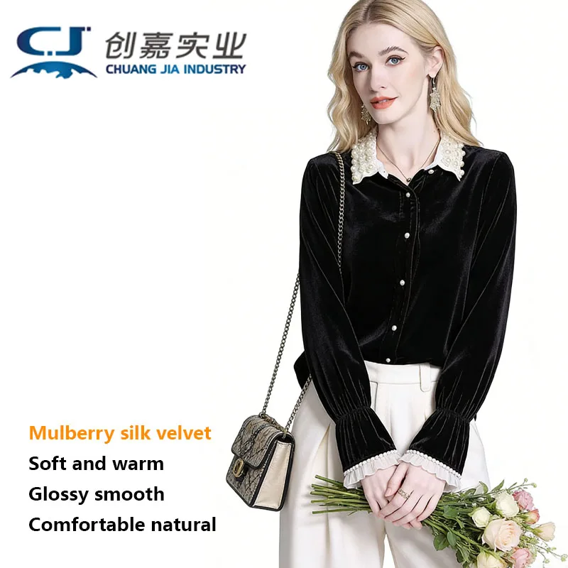 Luxurious Silk Velvet Women's Blouses Elegant Noble Lady-like Style. Blouses Feature Beaded Collars Fashionable Business Casual