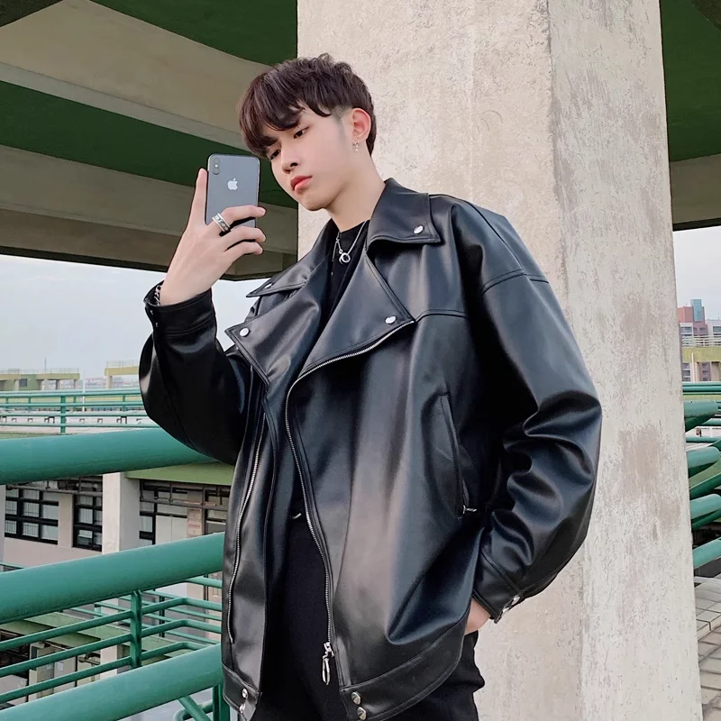 

Lapel Leather Jacket for Men Street Motorcycle Jacket Button Zipper Long Sleeve Jacket Body