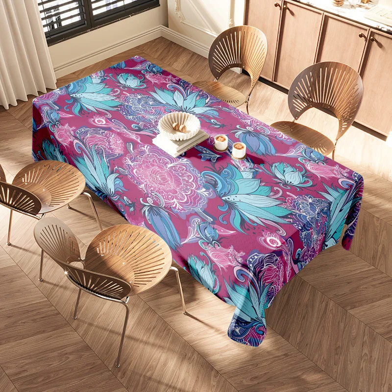 Vibrant Floral TableclothPerfect for Your Dining Room Decor This stylish tablecloth features a bold floral pattern in shades of
