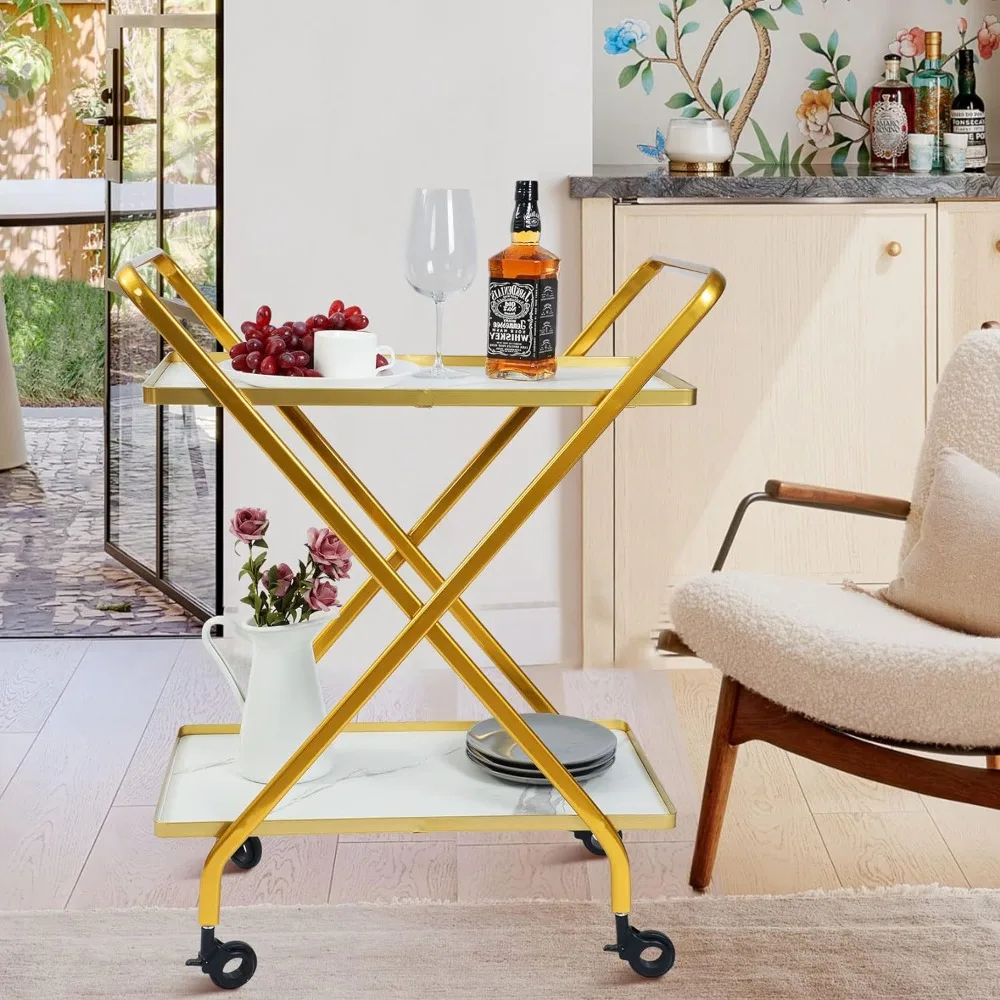 

Jubao X-Type Gold Bar Cart - Bar Cart for The Home, Stylish Design, Lockable Wheels, White Marbling Wood Shelves