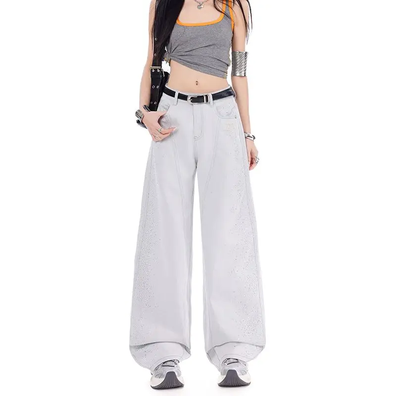 

Women's starry sky sparkling diamond retro slimming fashion floor hugging jeans spring and summer loose street wide leg pants
