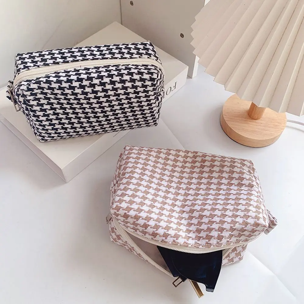 Draagbare Meisjes Handtas Houndstooth Grote Capaciteit Plaid Make-Up Tas Waszak Opbergtas Cosmetische Organizer