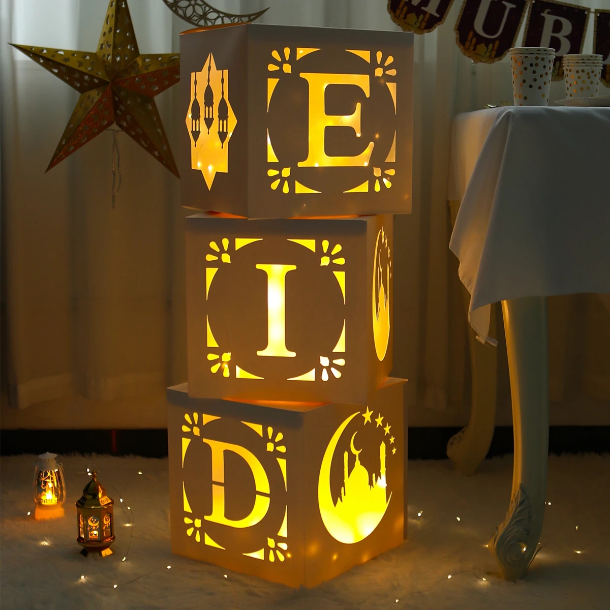 Eid Mubarak Letter Box Hollow Light String Ramadan Kareem Decoration For Home Muslim Islamic Ramadan Box Eid Al-fitr Gifts 2025