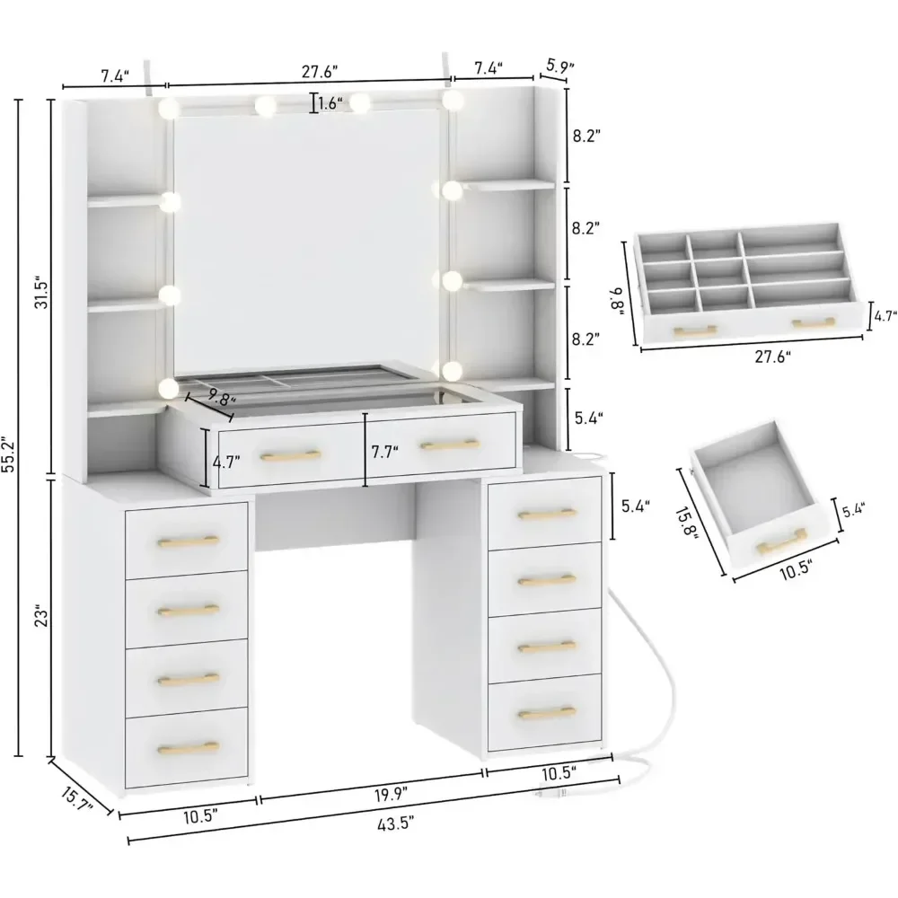 Glass Top Vanity Desk with Mirror & Lights, Large Vanity Makeup Mirror Desk with Charging Station,vanity chair,mirror