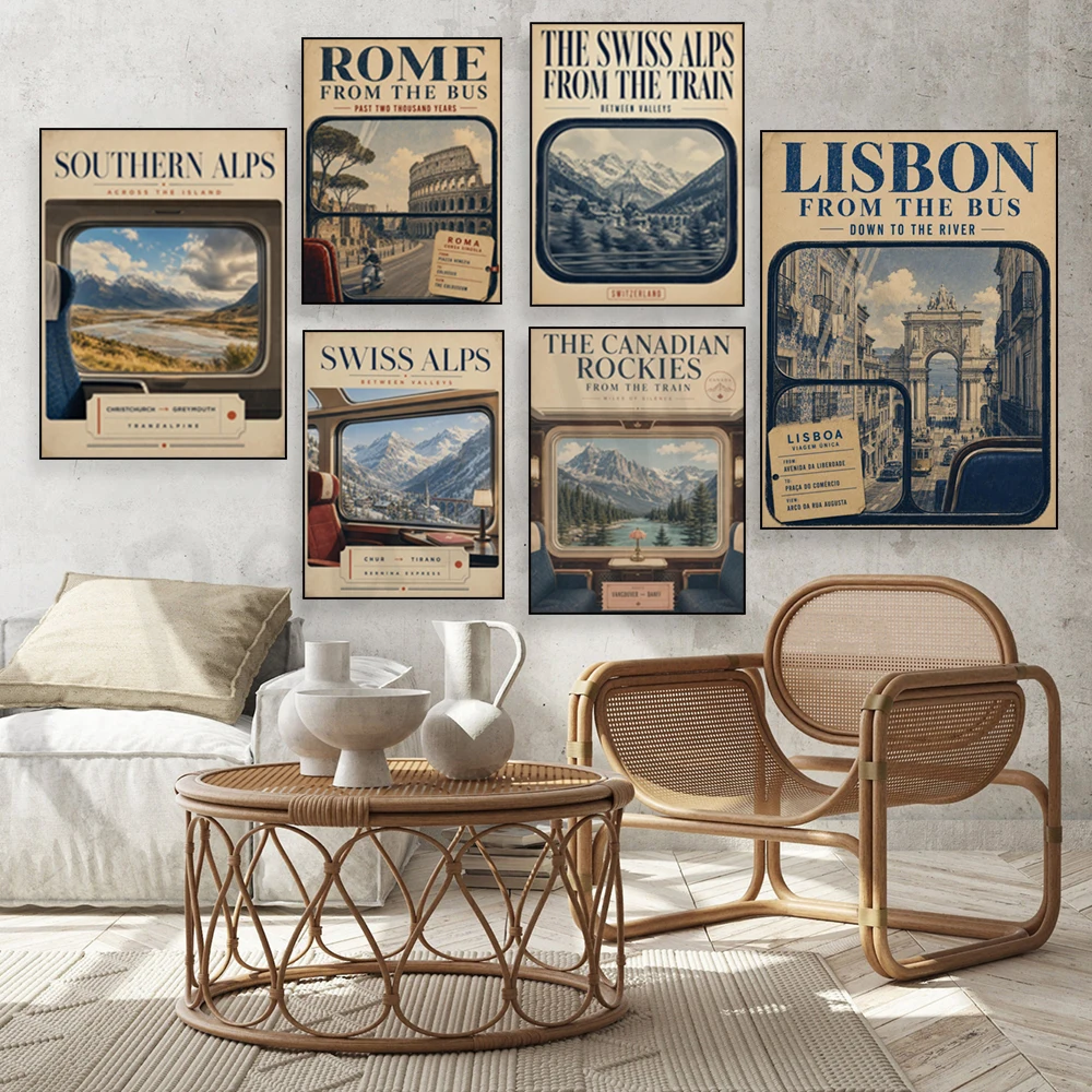 Vintage bus tickets and train window travel posters from Spain, London, Switzerland, Sri Lanka, New Zealand, Canada, and Peru.