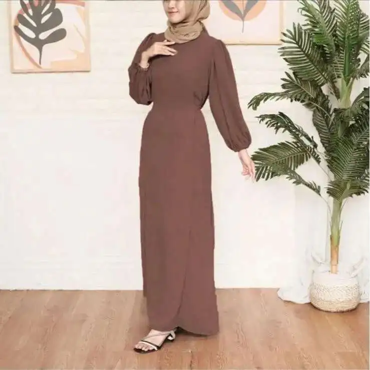 เสื้อผ้ามุสลิม Robe ใหม่ฤดูใบไม้ผลิ/ฤดูร้อนสีทึบแขนฟองเข็มขัดชุด Robe Abaya Ramadan ดูไบหรูหราอิสลาม Elegant