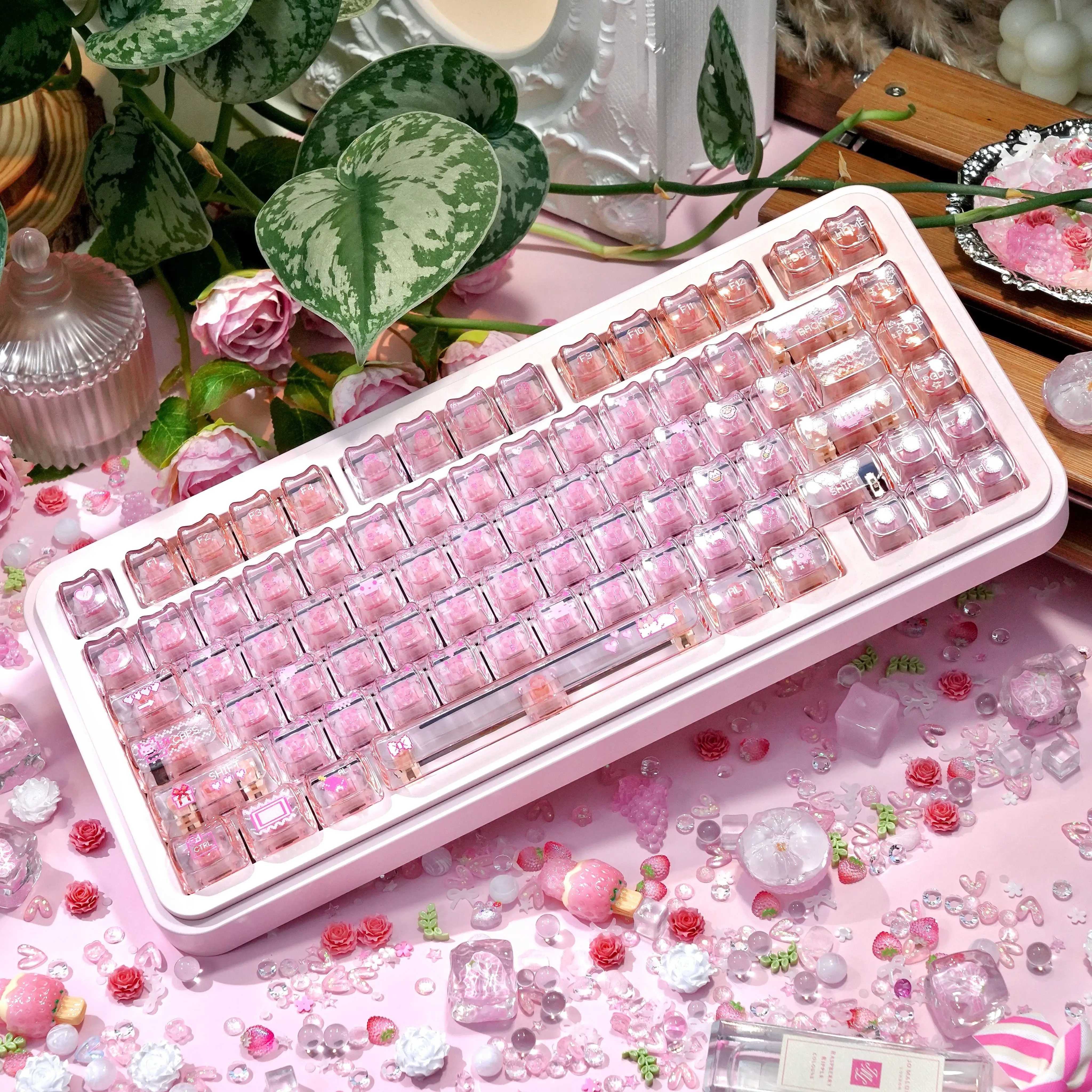 110 + Electronic Cat Keycaps PC Pink Transparent Cross MAO Profile Key Caps for Mechanical Keyboards Made68 Mad68 Wooting60