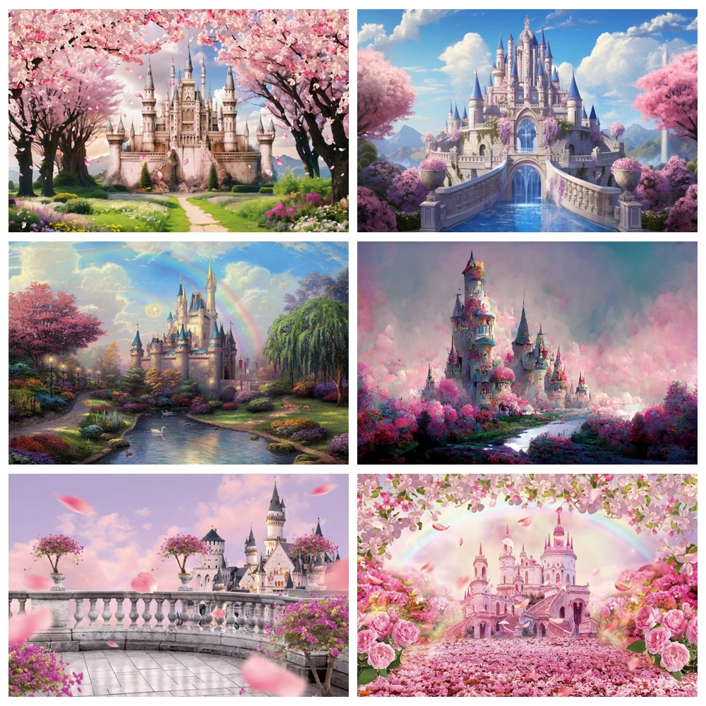 

Spring Castle Floral Sea Photography Backdrop Wonderland Park Pink Castle Flower Princess Baby Birthday Wedding Photo Background