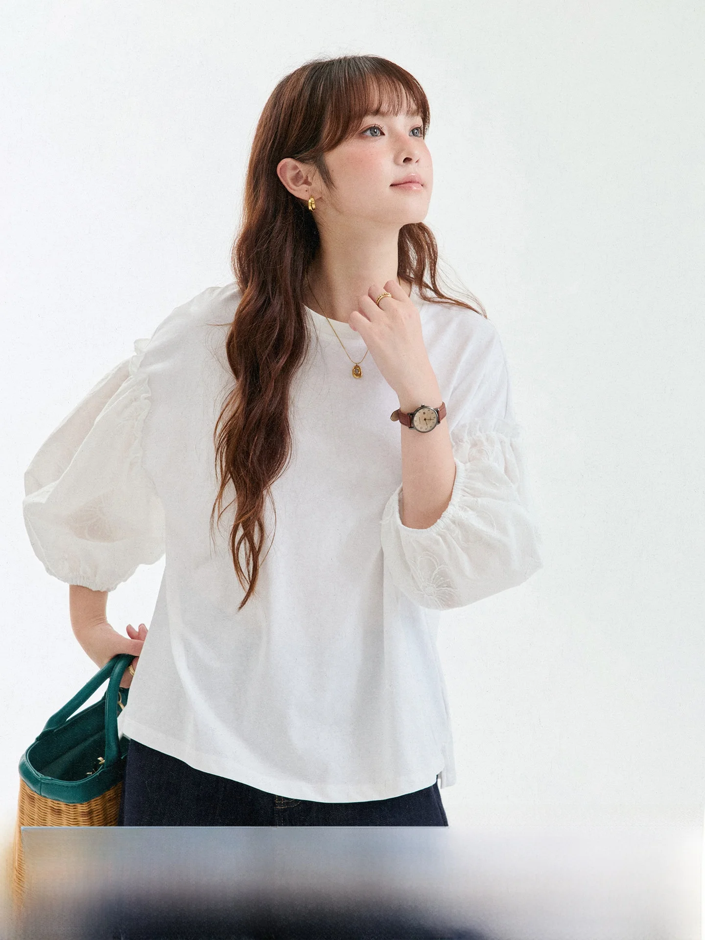 AMUU Original White Spliced Embroidered Bubble Sleeve T-Shirt Women's Autumn New Style Youthful Top Korean Style Loose Fit