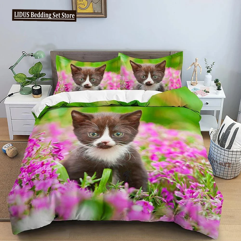 

3D Cat Printed Bedding Set Duvet Cover King Size With Zipper Closure Luxury Bed Set Comfortable Polyester Quilt Cover