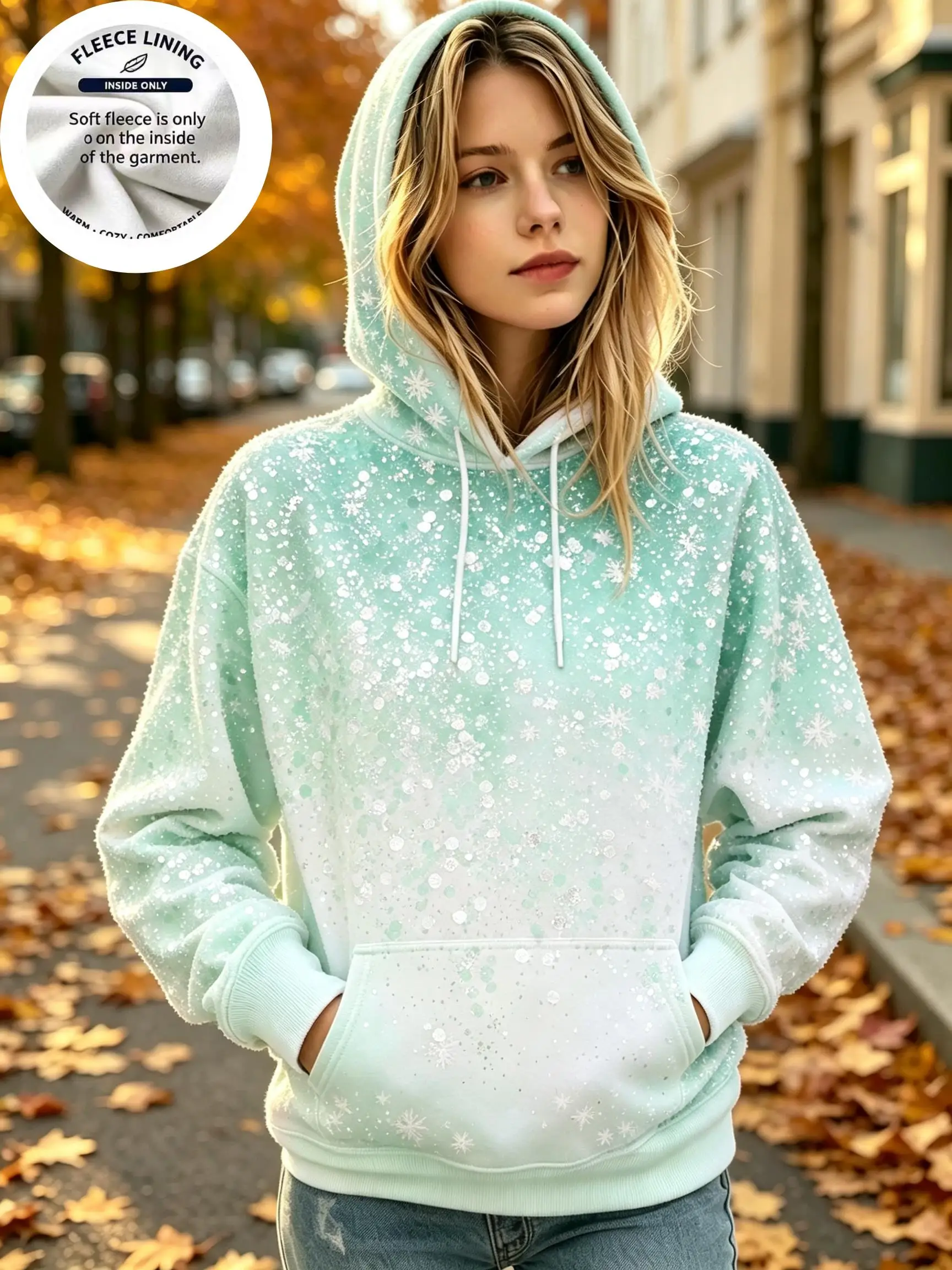 Winter Sparkling Snowflake Fleece Hoodie for Women, Ombre Sequin-Effect Print Casual Long Sleeve Hooded Sweatshirt