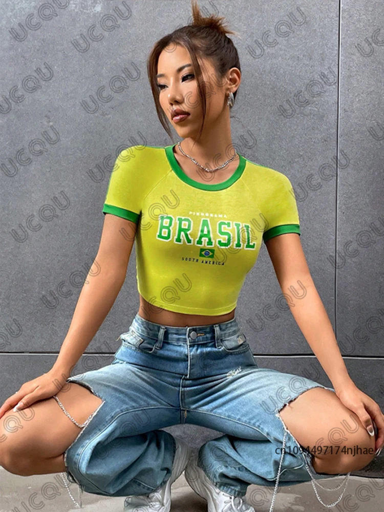 2026 Sommer Neu Brasilien-Print T-Shirt für Damen Kurzarm Crop Top Streetwear O-Neck Tees Vintage Casual Y2K Oberteile