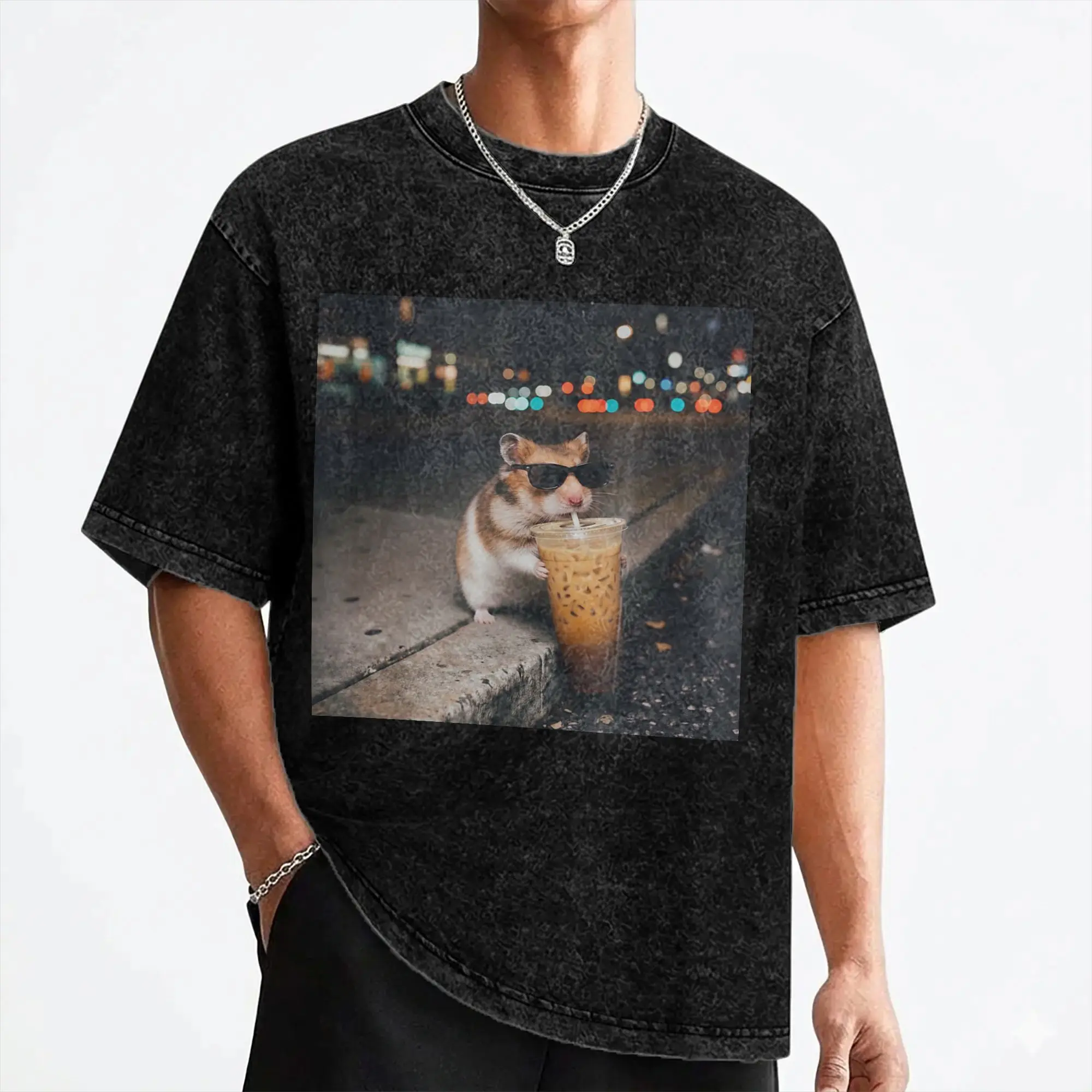 Hamster Drinking iced Coffee Meme T Shirt Washed Short Sleeve Street T-Shirt  Novelty Men Women Streetwear Printed Tee Shirt