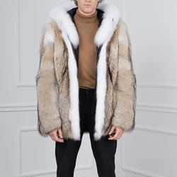 Men's Natural Fur Jacket Full Skin Coyote Jacket With Hood White Color Fur Trim Real Coyote Coat 2024 New Fashion Winter Jackets