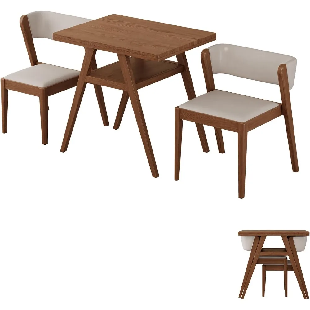 طقم طاولة طعام بيسترو مكون من 3 قطع من الخشب الصلب، طاولة وكراسي مكدسة بيسترو، طقم مكون من قطعتين مع مقعد مبطن، حجرة طعام للمطبخ