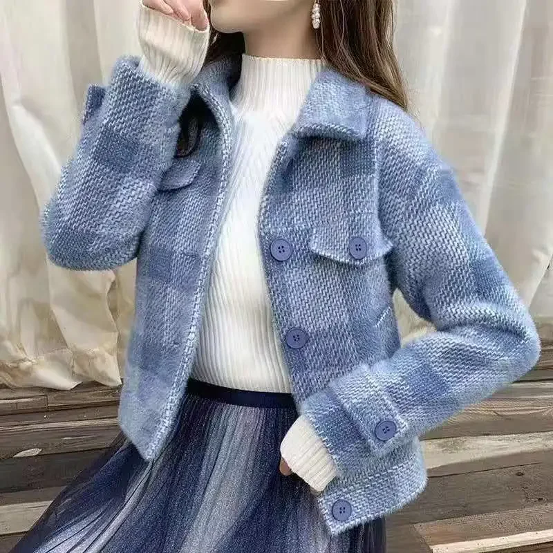 

2023 Women Knitting Faux Mink Fur Jacket Crop Jacket Autumn and Winter Streetwear Sweet Girl Pink Plaid Coat Tweed Jacket Female