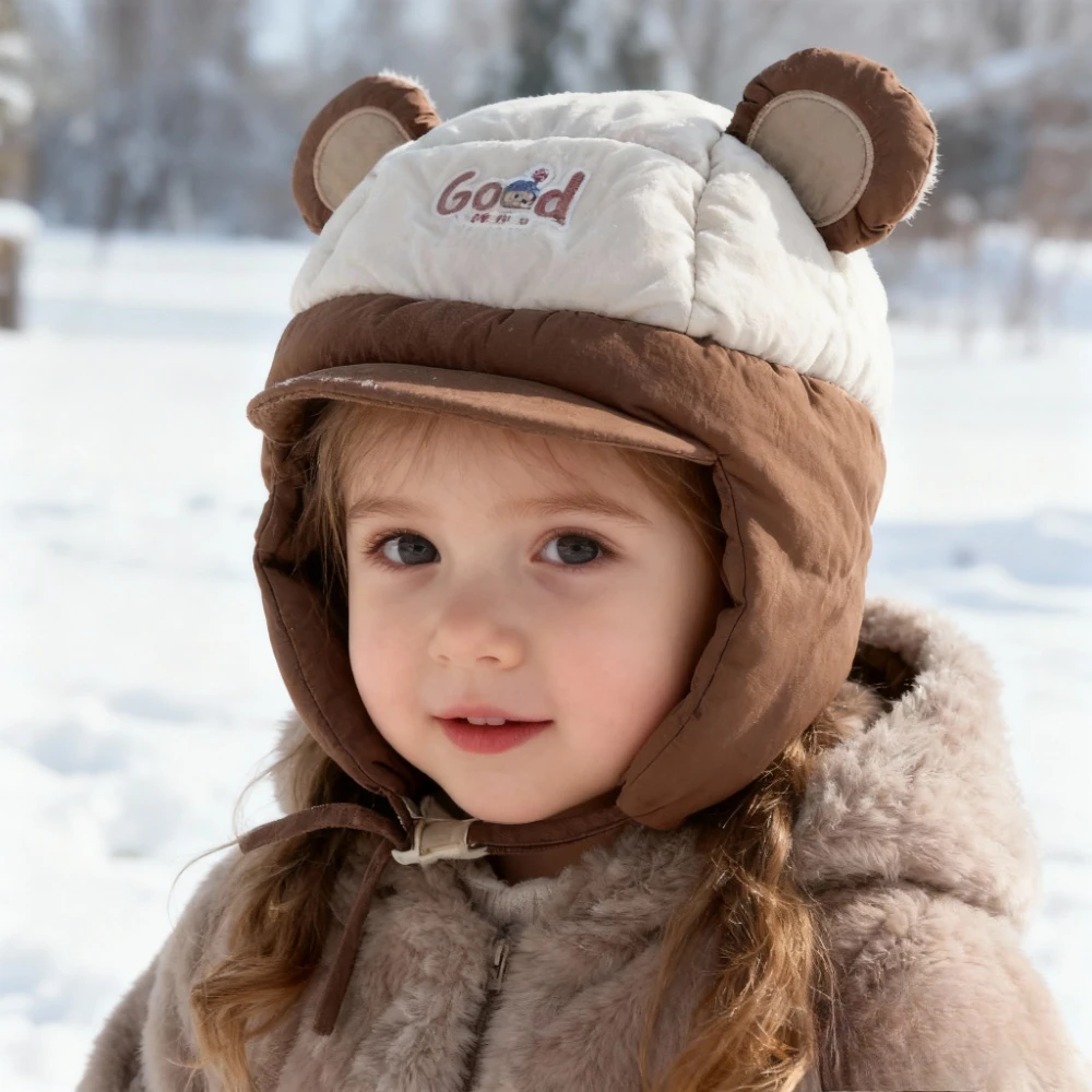

Children Fiber Filling Soft Hats 48-52cm with Ear Flaps Warm Padded Windproof Bear Cap Baby Giels Trapper Winter Cold Proof Hat