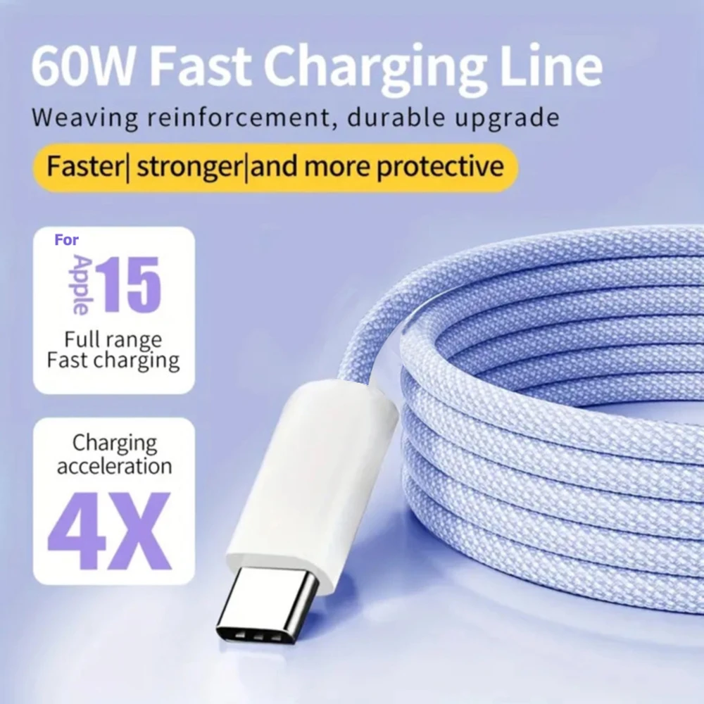 PD 60W USB C to Type C Color Cable Fast Charging For Apple iPhone 15 Pro Huawei Xiaomi Samsung Type C Weaving Cable Accessories