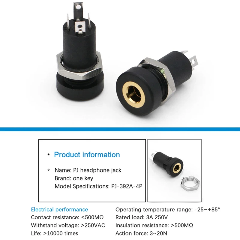 1Pcs PJ392A 3.5MM Audio Jack Socket 3 Pole Black Stereo Solder Panel Mount Three Or Four Feet With Internal Screw Thread