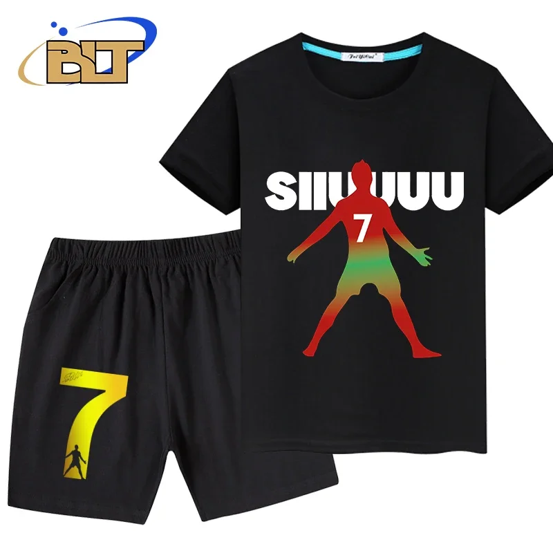 Ronaldo infantil impresso camiseta esportiva de manga curta e shorts terno, conjunto de 2 peças, adequado para meninos, roupas de verão