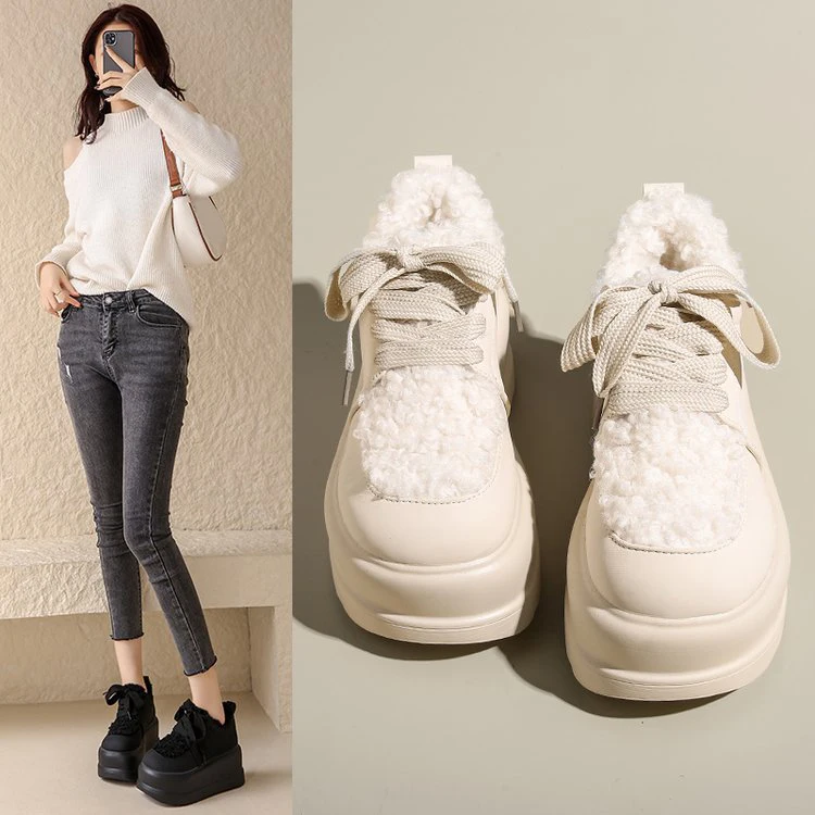 7CM Women Thick Sole Snow Sneakers New Winter Slip-on Plush Warm Cotton Shoes Woman Outdoor Non Slip Fluffy Platform Fur Shoes