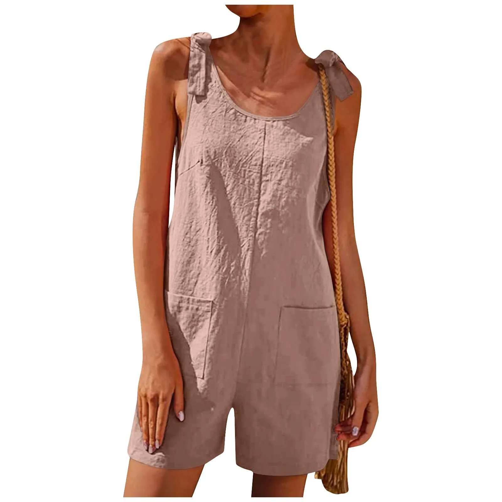

Women Sleeveless Jumpsuits 2024 Summer Vintage Solid Large Pocket Loose Shorts Rompers Female Casual One Piece Outfit Clothes