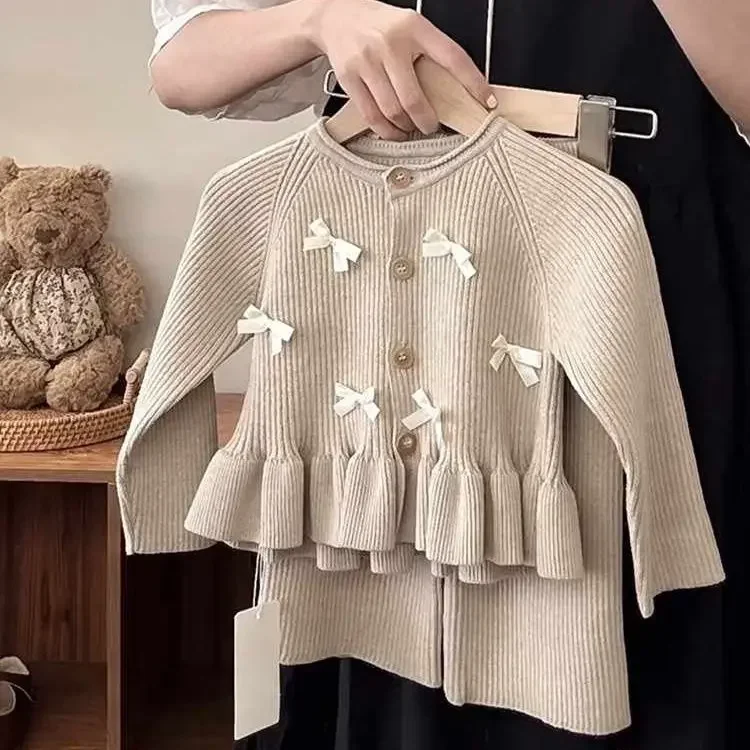 Girls Children\'s Clothing Spring Autumn Fashionable Bow Lace Knitted Cardigan Long-sleeved Top+wide-leg Trousers 2-piece Set
