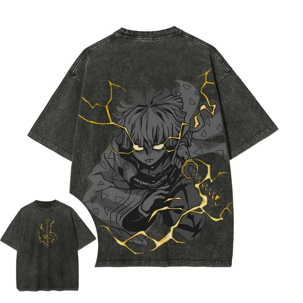 T-shirt délavé Demon Slayer pour homme et femme, Zenitsu Agatsuma, été, printemps, anime, rétro, effet vieilli, haute qualité, manches courtes