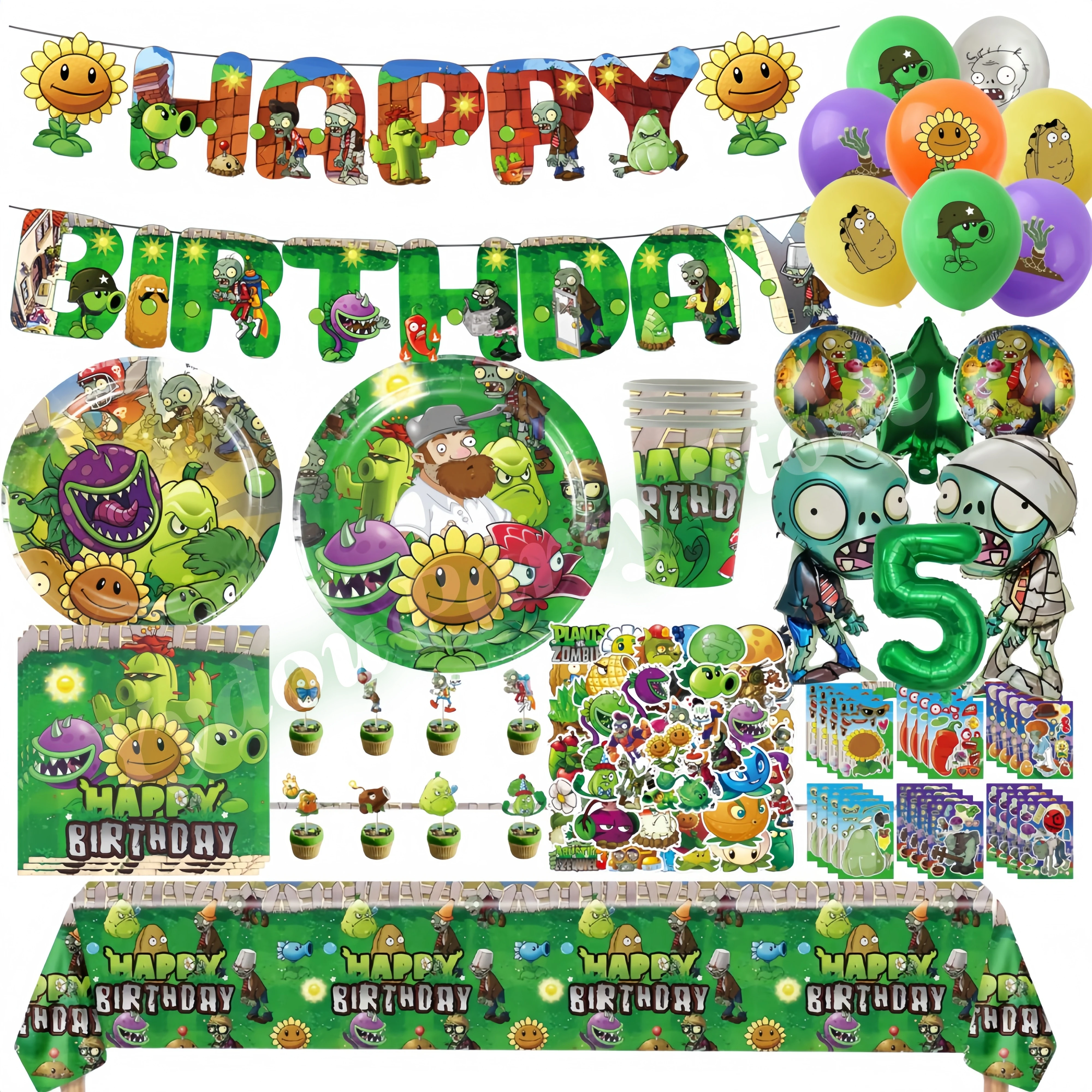Plants vs. Zombies Geburtstagsparty-Dekoration, Beliebtes Spiel, Happy Birthday Banner, Tassen, Teller, Luftballons für Kinder, Geschenke, Babyparty