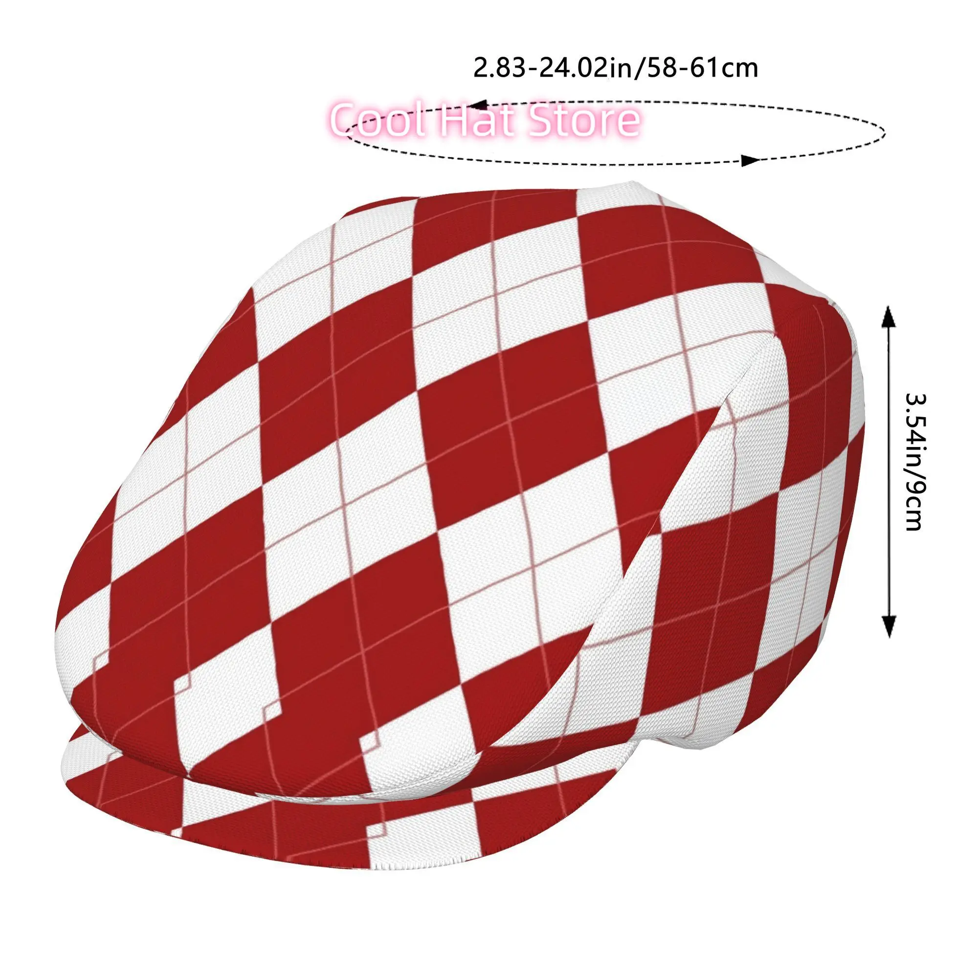 Red White Argyle Stylish Retro Newsboy Cap, Unisex Beret, British Avant-garde Cap, Adjustable Solar Protection, Classic Casual N