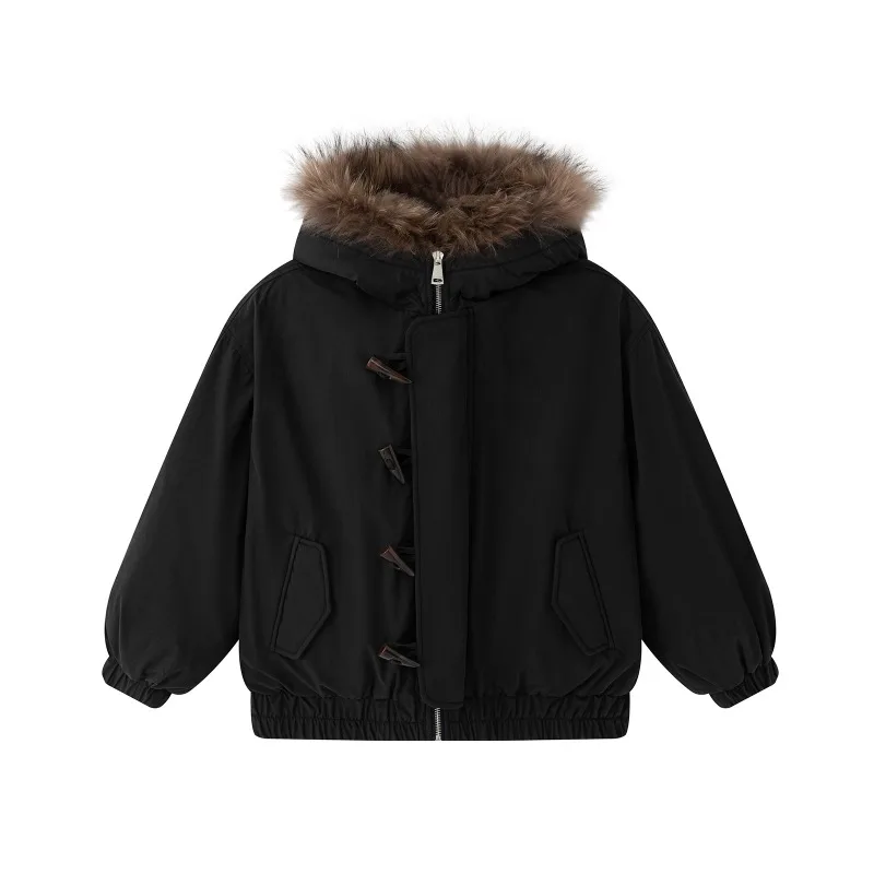 Girls down jacket  winter 90 white duck down thickened warm short real hair collar middle  large  children's down jacket