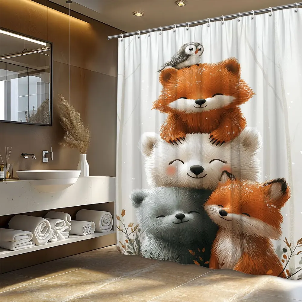 

1 шт., сложенная занавеска для душа «Грайливая красная лиса и медведь» — мягкий лесной фон с падающими снежинками