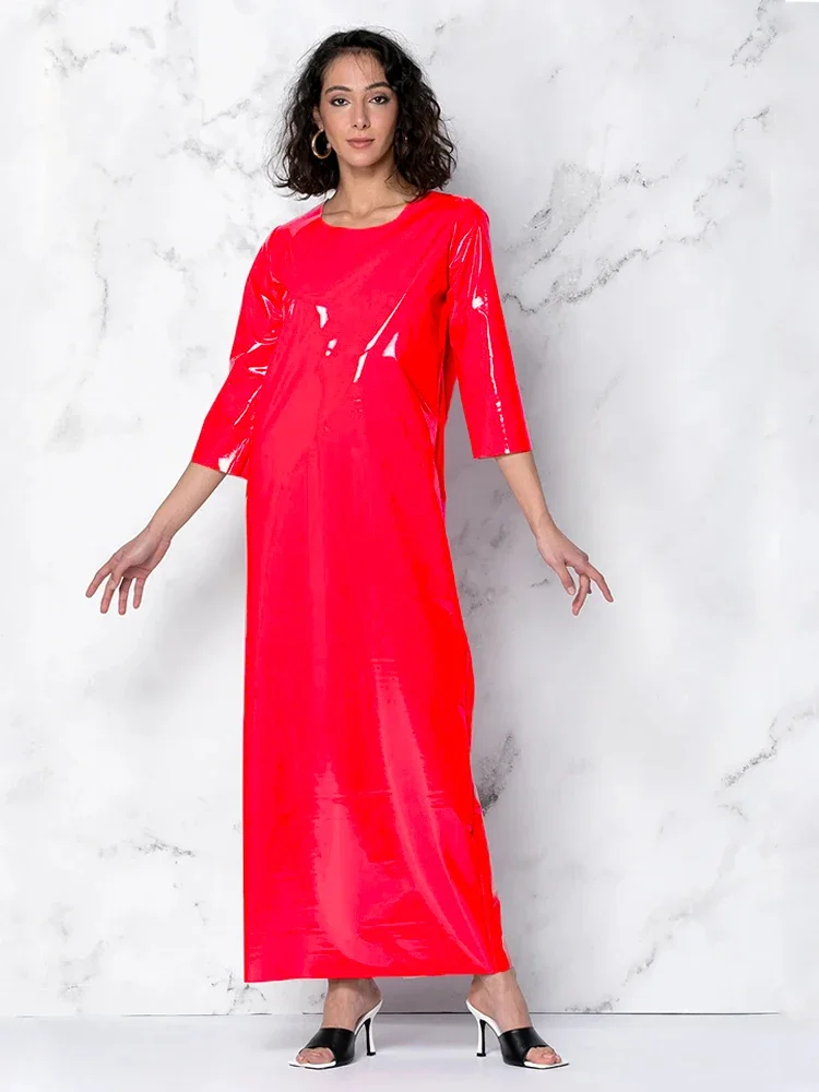 

Women Shiny Patent Leather Maxi Dress Long Slevee Sexy Faux Latex Loose Long Dress Hem Split PVC Casual Homewear Pullover Custom