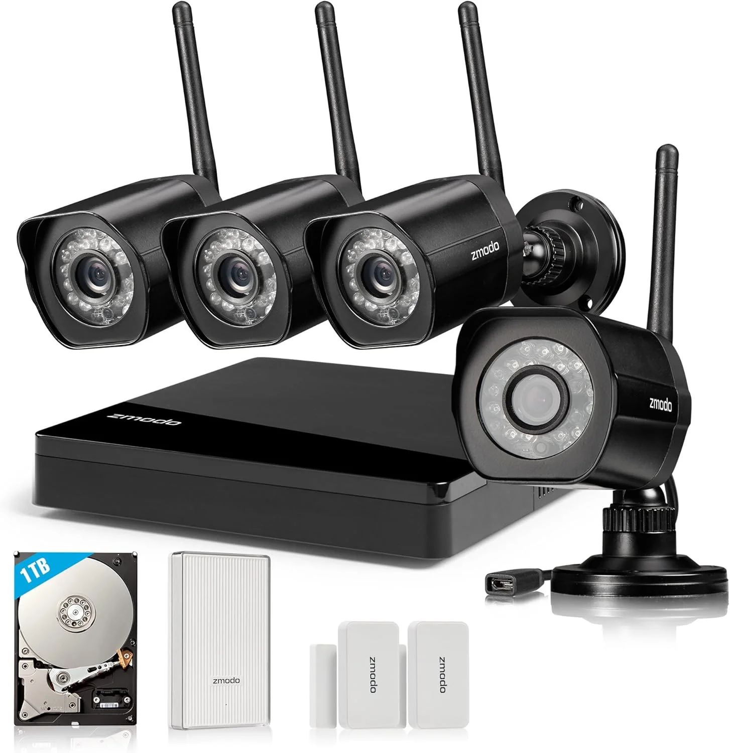 Набор Zmodo все в одном, 4-канальный сетевой видеорегистратор 720p HD, Wi-Fi, дневная и Ночная домашняя система видеонаблюдения, жесткий диск 1 ТБ, расширитель диапазона Wi-Fi и 2