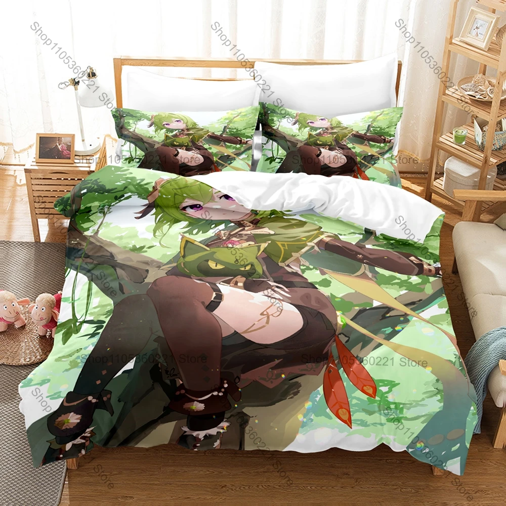Collei Genshin Impact Bedding Set Duvet Cover + 2 Pillowcases Sumeru Forest Ranger Anime Bedroom Decor