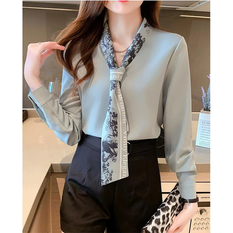 Spring Autumn Korean Fashion Scarf Collar Elegant Shirt Office Lady Long Sleeve Temperament Bottoming Blouse Women Cardigan Top