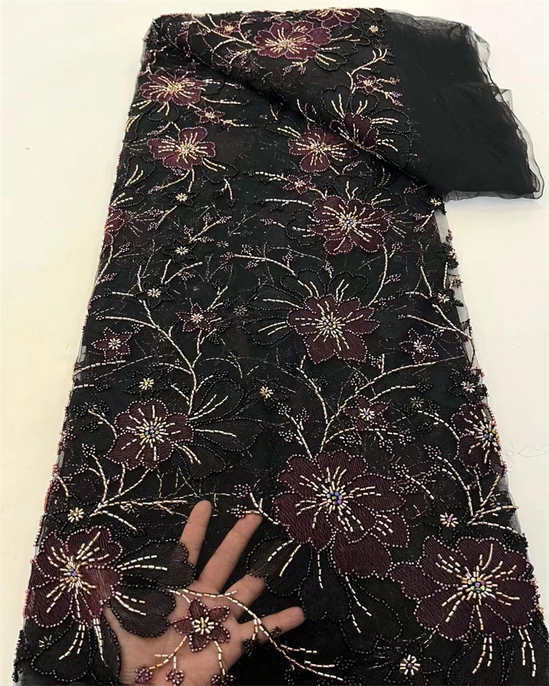 Tela de encaje de tul francés con cuentas africanas, lentejuelas nigerianas de alta calidad con encaje de perlas para costura de vestidos de fiesta, 2025
