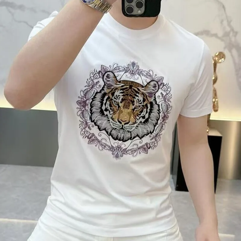 2025 Summer Short Sleeve Fashion Tiger Head Print Tshirt For Men Casual Camisetas Hombre Social Club Outfits Tee Shirt Homme